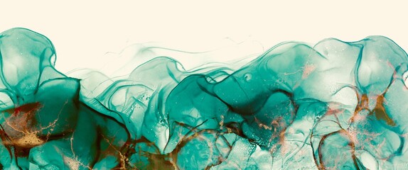 abstract turquoise alcohol ink background, fluid art with gold design smoke, liquid design with rich green colour, creative wallpaper decoration