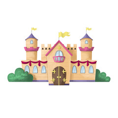 Illustrated castle in pink and lilac colors. Castle for the princess.