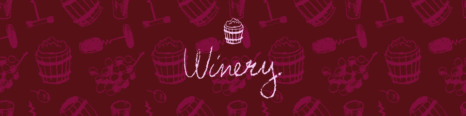 Banner homemade wine. Vector symbol classic winemaking. House wine label, template badge. Wine tasting poster. Black drawings of wood barrel, bunch grape, corkscrew. Logo winery store. Organic wines.