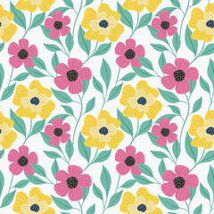 Seamless colorful floral pattern with wild flowers. Simple scandinavian style. Vector illustration