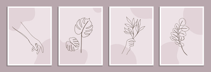 Set of posters template with minimalistic plants and hands. One line art branch and abstract shapes. Modern abstract line art style. Vector illustration. 