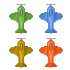 Pixel art aircraft planes multicolors concept icon illustration