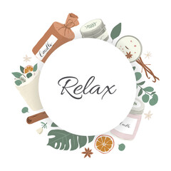 Scented candles card template, vector frame with copy space decorated with soy wax perfumed candles illustrations, square composition for candle shop, circle composition