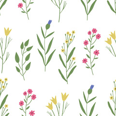 Fototapeta na wymiar Seamless colorful floral pattern with wild flowers. Simple scandinavian style. Vector illustration