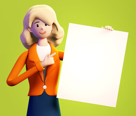 3D Rendering Illustration. Successful business woman holds banner with space for text. 