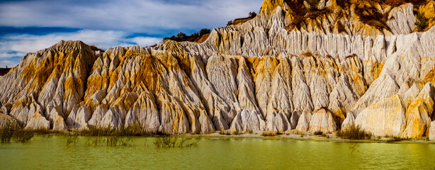 Abandoned Kaolin quarry with lake and white plaster material, Vetovo village area, Bulgaria