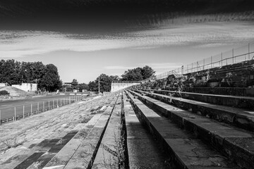 NUREMBERG, GERMANY, 28 JULY 2020 Remains of the Zeppelinfeld grandstand in Nuremberg, Germany. It is the grandstand from which Adolf Hitler made speeches during Nazi Party Rallies from 1933-38.