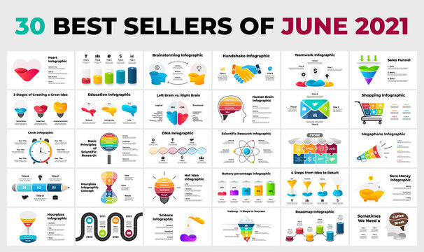 30 best sellers of June 2021. Infographic presentation templates. Perfect for any industry from business, marketing and e-commerce to education, medicine or science. Diagrams, charts, illustrations.