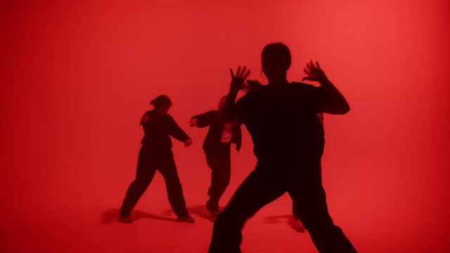 Professional choreographers dancing on color changing neon background in studio for dance video clip. Four women dancers showing new hip hop movements. Advertising of modern dance school for teens.