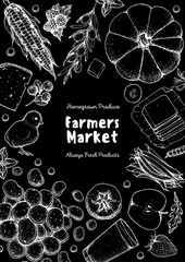 Organic healthy food illustration. Farmers market design elements. Hand drawn sketch. Various food frame. Good food store concept.