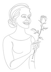 The girl holds a rose flower in her hand. Silhouettes in modern trendy style with one line. Solid outline for decor, posters, stickers, logo. Vector illustration.