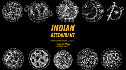 Indian food illustration. Hand drawn sketch. Indian cuisine. Vector illustration. Menu background. Engraved style.