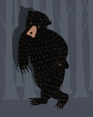 Illustration of a black bear and its shadow in the forest.