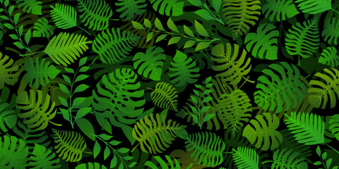 Background with exotic jungle plants. Tropical palm leaves. Rainforest illustration in green colors.