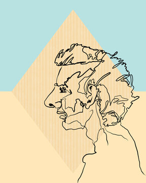 Illustration of a blind contour drawing of a mans profile. 