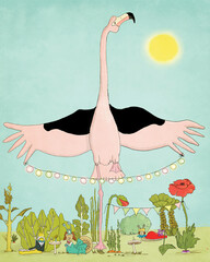 Cute children's illustration of a flamingo and slugs at a royal garden party. 