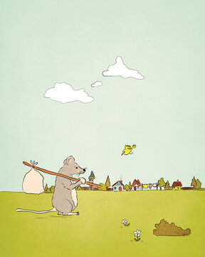 Cute children's illustration of a little mouse running away from home with a knapsack on a stick. 