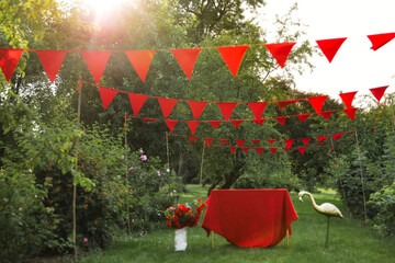 Red flags decorations designing the outdoor place. Best for the banner or illustration of life event, fun, and happy life