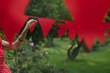 Red flags decorations designing the outdoor place. Best for the banner or illustration of life event, fun, and happy life