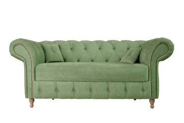 Olive green sofa on wooden legs isolated. Upholstered furniture for the living room. Light olive couch isolated