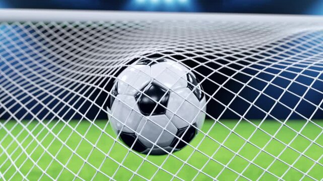 Soccer ball in the net of a goal. Soccer concept. 3d animation