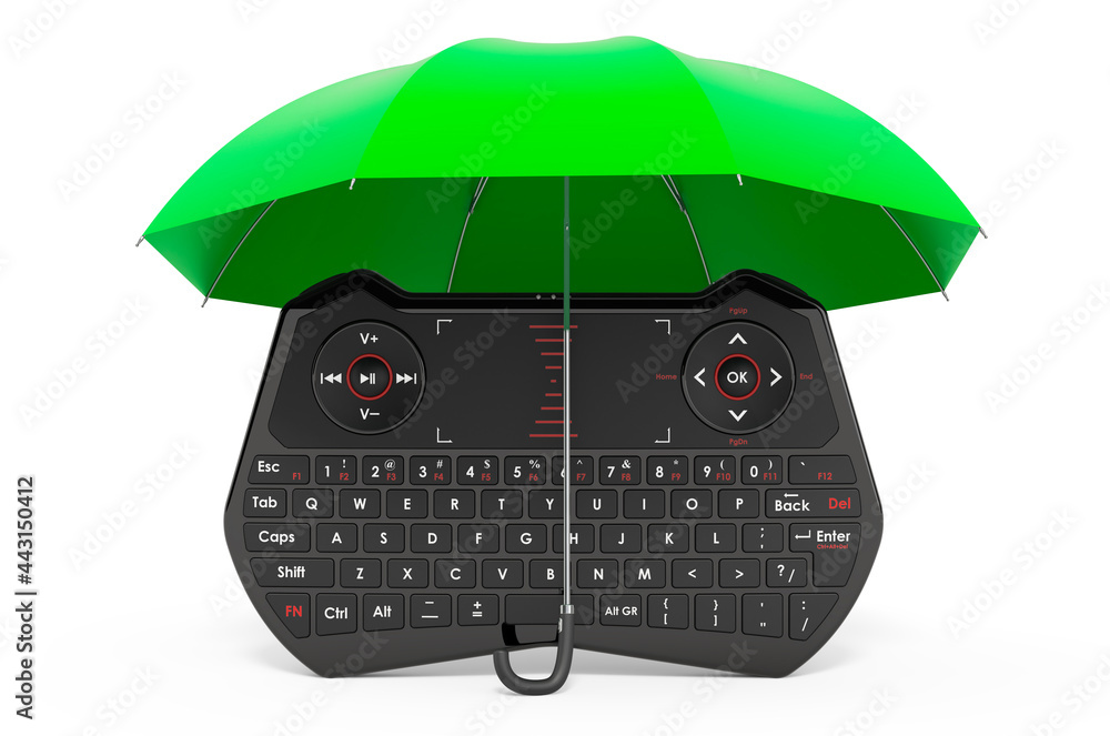 Poster mini keyboard under umbrella, 3d rendering