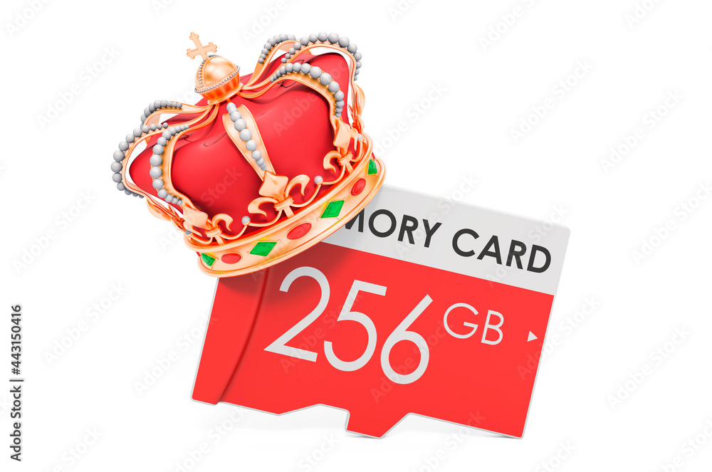 Poster memory card with golden crown, 3d rendering