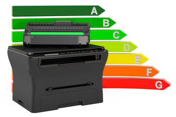 Multifunction printer MFP with energy efficiency chart, 3D rendering