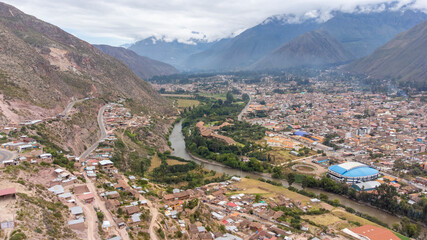 Fototapeta na wymiar Aerial view of the town of Urubamba in the Sacred Valley of Cusco