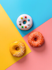 Creative layout made from delicious glazed donuts. Vertical flat lay - donuts or doughnuts on...
