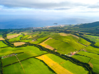 Aerial drone shot of the green landscape and countryside of Sao Miguel, Azores.