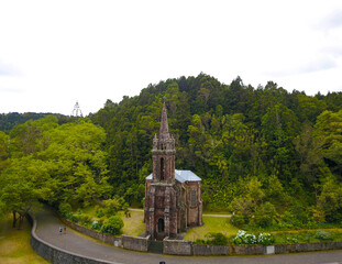 Old christian church seeing from above located in Furnas area, Sao Miguel island.