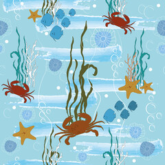 Fototapeta na wymiar summer sea pattern with crabs seashells waves 