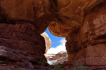 natural red rock arch formation  along the collins spring trail  in the grand gulch area of cedar...