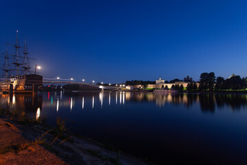 Fototapeta na wymiar Veliky Novgorod Keml Night Alexander Nevsky embankment