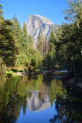 spectacular half dome  reflected in the merced river  on a sunny day from  yosemite valley in yosemite national park, california