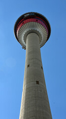 looking up at the calgary tower on a sunny day in calgary, alberta,  canada