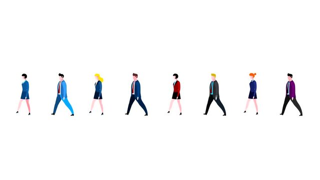 Eight cartoon business people. Businessmen and businesswomen characters no suitcase version. Walking, stopping and starting. Business people animated. Business cartoon animations serie. Isolated.
