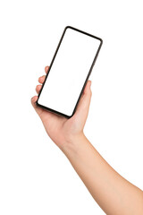  woman hand holding blank smartphone isolated on white background.