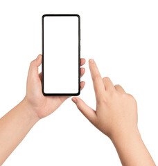 Woman hand holding a mobile phone on white back ground.