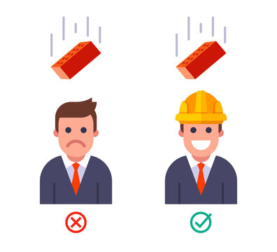 falling brick on a person with and without a helmet. safety engineering at the top. flat vector illustration