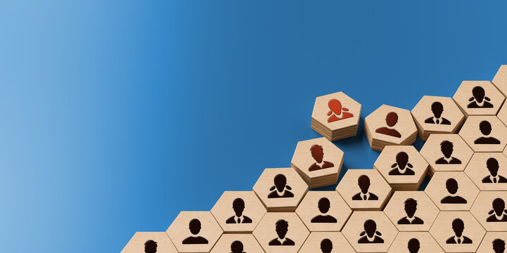 hexagon tile with a person symbol on it is moving up out of many hexagons with people symbols on it on blue background