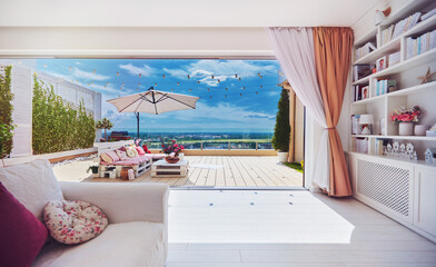 rooftop penthouse apartment with lounge patio zone, sliding doors and open space living room