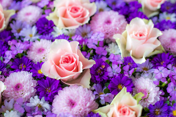 Roses, Mums and Dianthus. Arrangement of pink and purple flowers.