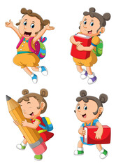 The collection of the cute girl are holding the different stationery