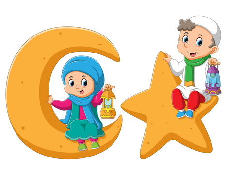 kids on moon and star holding lanterns clip art preview