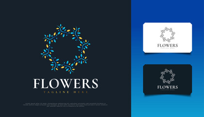 Elegant Flowers Logo Design in Blue and Gold, Suitable for Spa, Beauty, Florists, Resort, or Cosmetic Product Identity. Luxury Blue and Gold Mandala Ornament