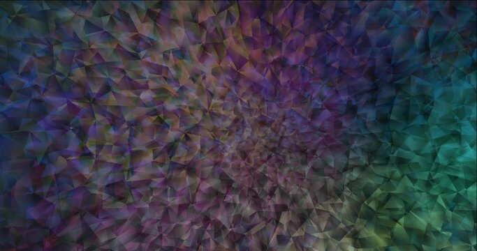 4K looping dark multicolor polygonal video footage. High-quality clip in twirl style with gradient. Slideshow for web sites. 4096 x 2160, 30 fps. Codec Photo JPEG.