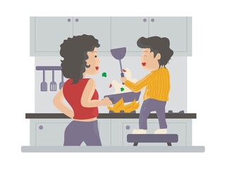 Daily routine with kids, mother cooking with her kid, teaching via playing