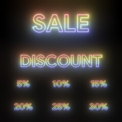 sale discount neon text effect . yellow , pink , blue color text , 3d illustration rendering . for business , market and etc